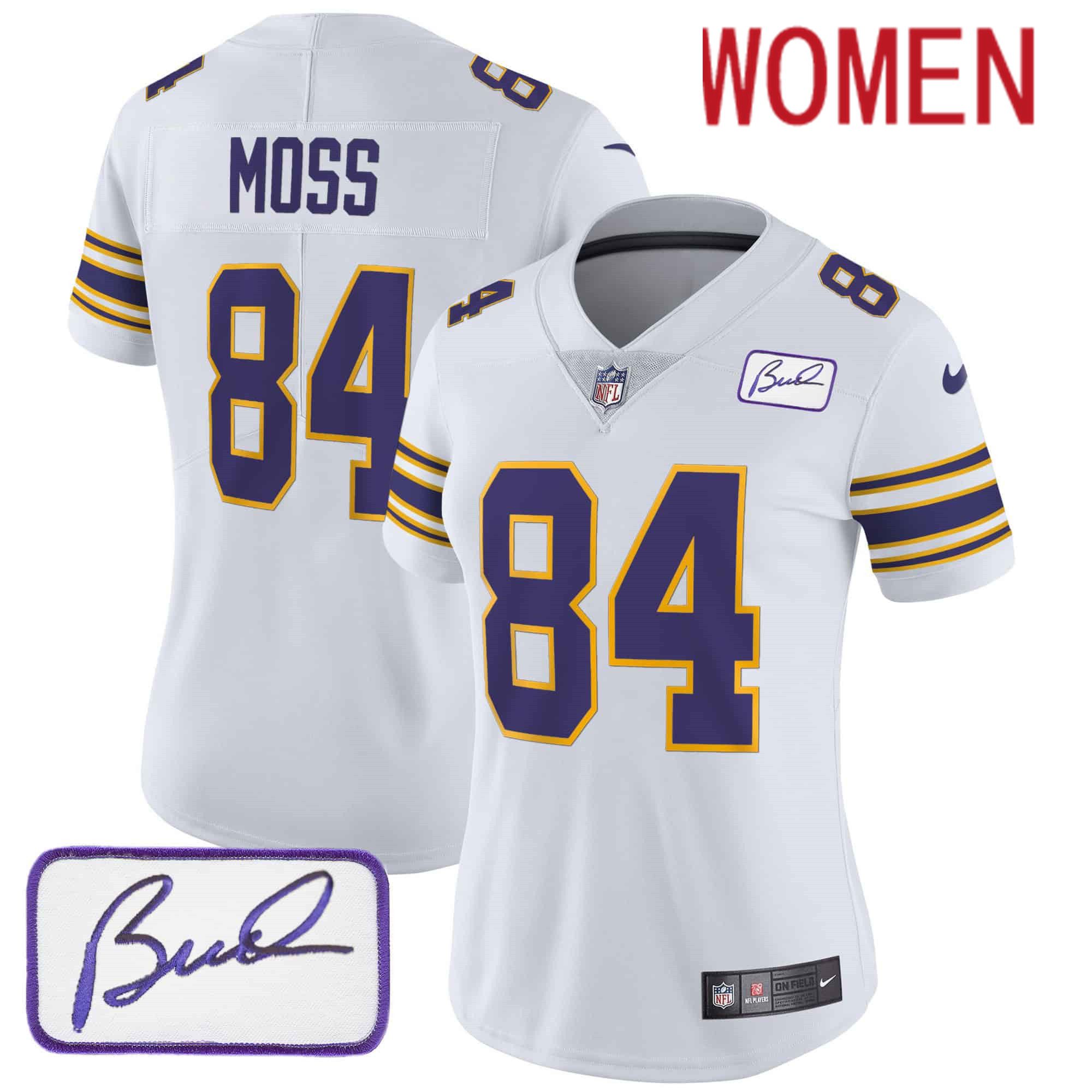 Women Minnesota Vikings 84 Moss White 2024 Nike Bud Grant Patch Classic Limited NFL Jersey